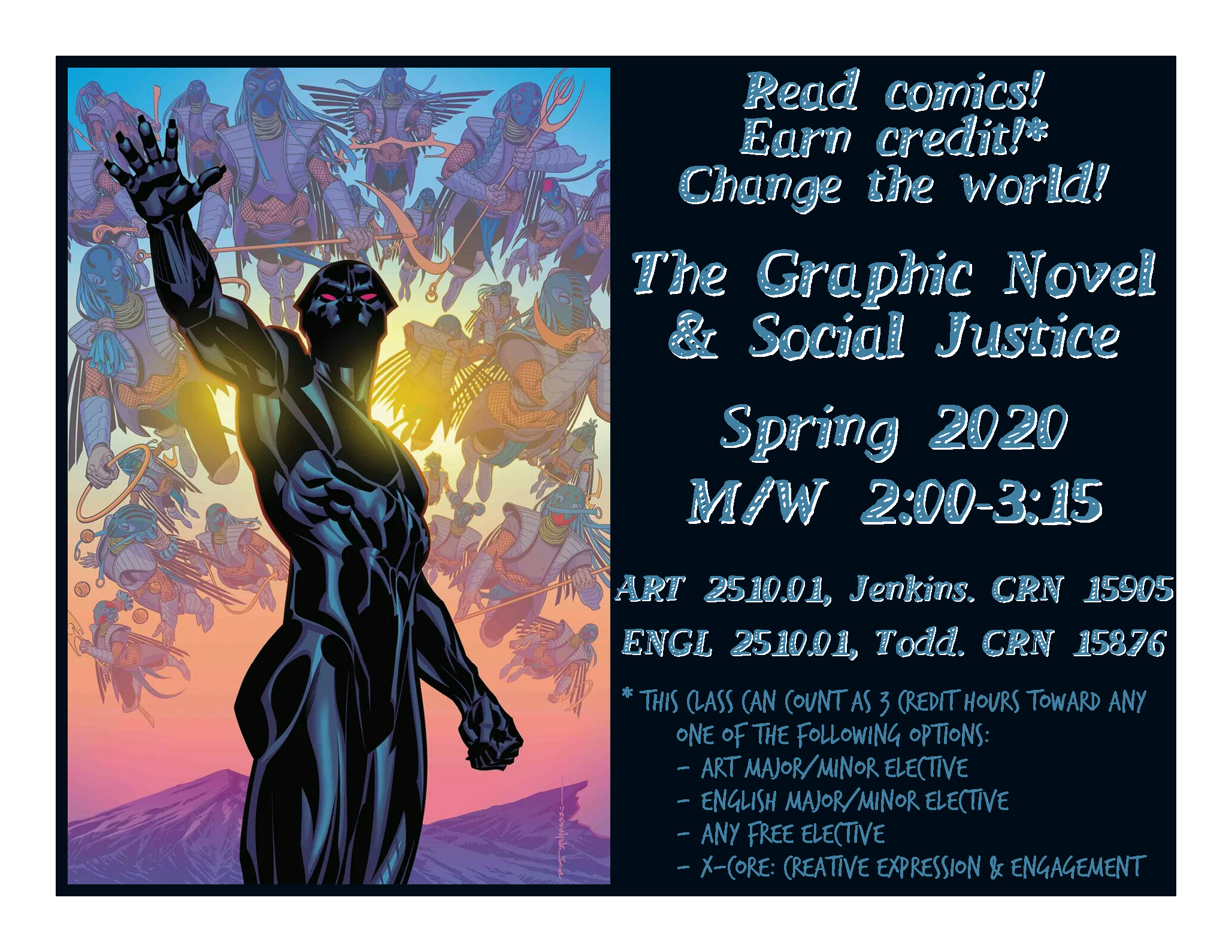 Poster promoting the Spring 2020 section of the class with information and images about the graphic novels that would be read